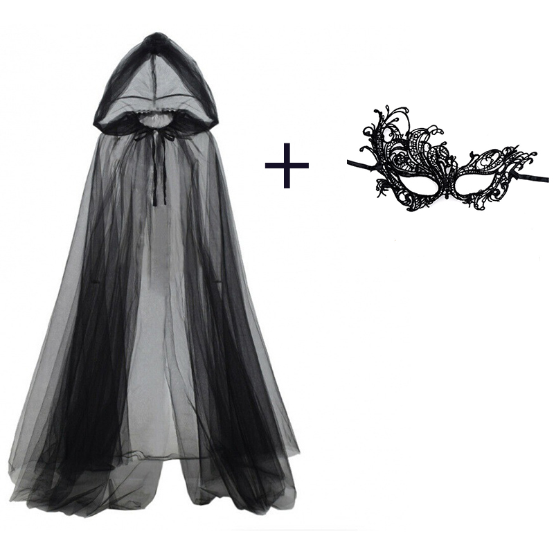 Black Face Mask Pack - 黒いベールケープと黒いマスクの2点セット 魔女 ヴァンパイア ロールプレイング ハロウィン 二重層マント