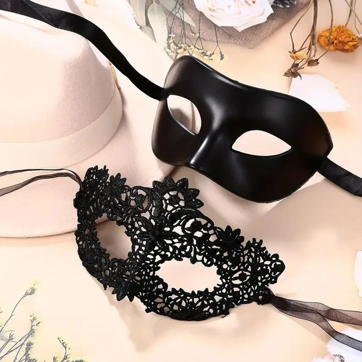 カップル用エレガントブラックレースマスカレードマスク2個セッ - Black Face Mask Pack のレビューと価格